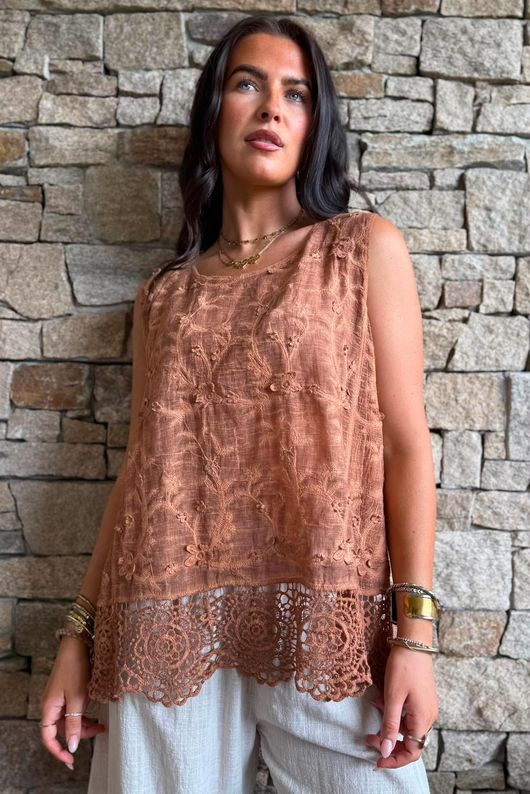 Veronica Embroidered Tank Rust
